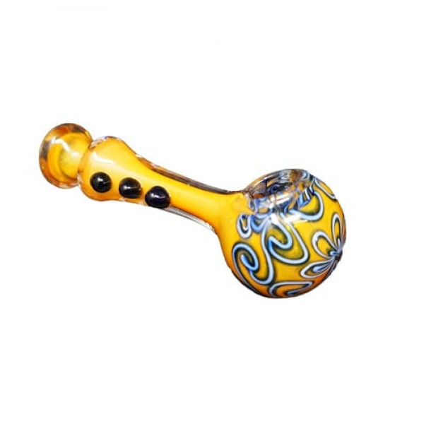 Yellow Handmade Glass Hand Pipe w/ Blue Threaded Accents