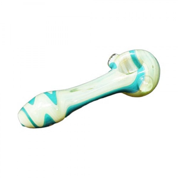 Teal & Green Handmade Glass Hand Pipe w/ Wig-Wag Pattern